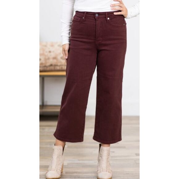JUDY BLUE High Waist Cropped Tummy Control Wide Leg Burgandy Jean Size 14W - Picture 1 of 5